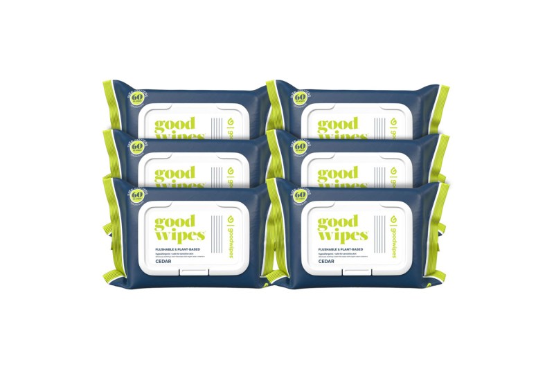 A six-pack of Goodwipes Flushable Wipes, isolated on a plain studio background.