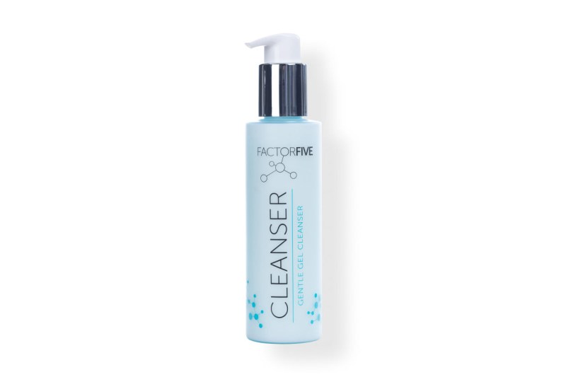 A bottle of FactorFive Gentle Gel Facial Cleanser isolated on a plain white background.