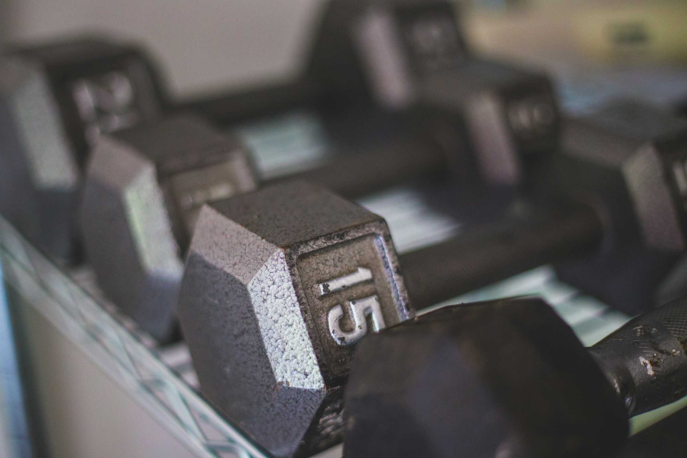 close up of dumbbells weight rack in gym